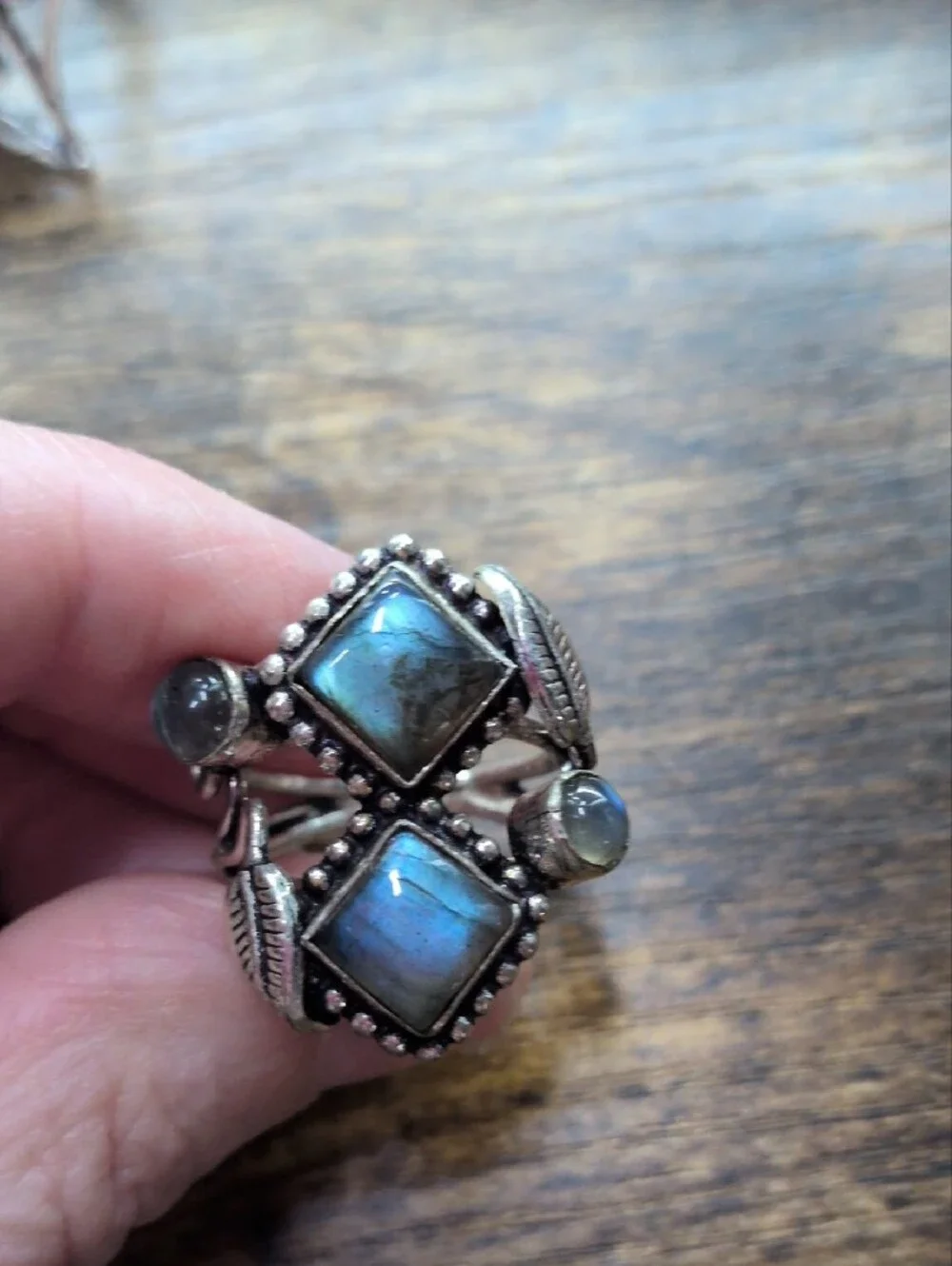Labradorite Double Square Statement Ring - Silver Leaf Design